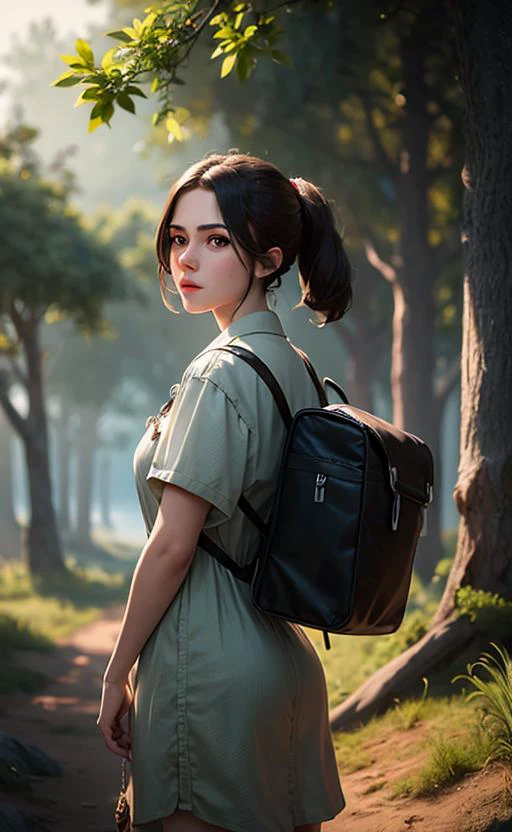 a Hyper realistic image of a 18year old girl wearing a bag holding an Ancient key In a forest, 32k, High Quality, Vibrant colors, global illumination, cinematic Lighting, atmospheric Fog <lora:aki-000007:0.65>