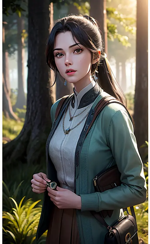 a Hyper realistic image of a 18year old girl wearing a bag holding an Ancient key In a forest, 32k, High Quality, Vibrant colors, global illumination, cinematic Lighting, atmospheric Fog  <lora:aki-000007:0.65>