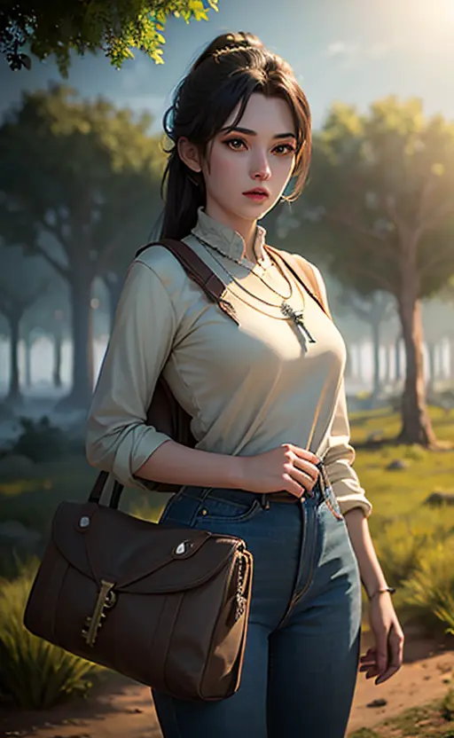 a Hyper realistic image of a 18year old girl wearing a bag holding an Ancient key In a forest, 32k, High Quality, Vibrant colors, global illumination, cinematic Lighting, atmospheric Fog <lora:aki-000007:0.65>