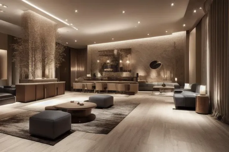 a highly detailed modern hotel lobby, global illuminations, a sense of understated sophistication, hotel design, 8k resolution, high quality, photorealistic, <lora:HBA:1>
