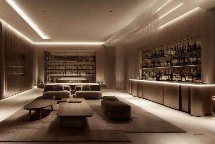 a highly detailed modern hotel lobby with a lobby bar, dark tone, a sense of understated sophistication, hotel design, point light source, 8k resolution, high quality, photorealistic, <lora:HBA:1>