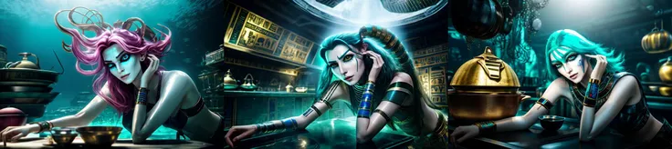 (otherworldly, otherworldly atmosphere, otherworldly appearance), highly insanely detailed, masterpiece, top quality, best quality, highres, 4k, 8k, RAW photo, ((ancient egyptian theme:1.2)), Hong Kong structure, structure, 
(mystical theme), mystical gatmosphere, arcane sanctuaries, otherwordly aura, 
(long_hair, long hair, random colors hair, glowing hair, hair over one eye, long messy hair), 
(eyelashes, eyeliner, eyeshadow, eyelashes, long eyelashes), 
collar, earrings, jewelry, necklace, armlet, 
tentacle, (underwater), nsfw, 
Homestay, Resort, Guest House, 
building, structure, still life, swirling energy, 
action pose, 
drunk, closed eyes, 
high-heels, 
reflection, reflective floor, 
shawl, 
abandoned building, shopping mall, overgrown with vegetation, [volumetric fog], cinematic lighting, colorfu, 
belly bottom, 
mercurytech, scifi, molten metal, 
(ancient egyptian theme futuristic kitchen:1.4), (fantasy world)