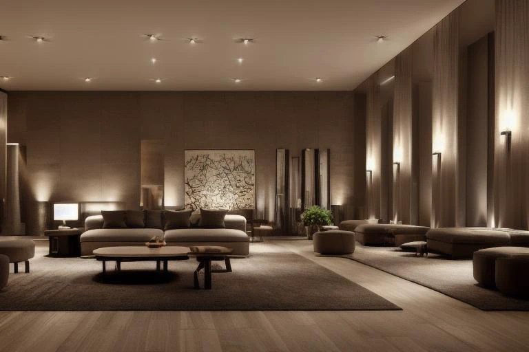 a highly detailed modern hotel lobby hall, dark brown color scheme, a sense of understated sophistication, hotel design, point light source, fireplace, 8k resolution, high quality, photorealistic, <lora:HBA:1>