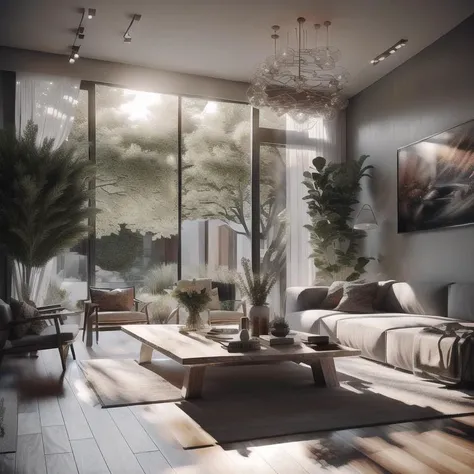 Interior design,insanely detailed wide angle architecture photography, cozy contemporary living room,(bright warm sunlight 1:0.1), award-winning contemporary interior design, scenery, table, chair, indoors, wooden floor, window, restaurant, east asian architecture, sliding doors, lamp, architecture, forest, nature, cup, plant,INTERIOR DESIGN,intersting lights and shadows, Depth of Field,low light, ,  <lora:LoconLoraOffsetNoise_locon0501:1>