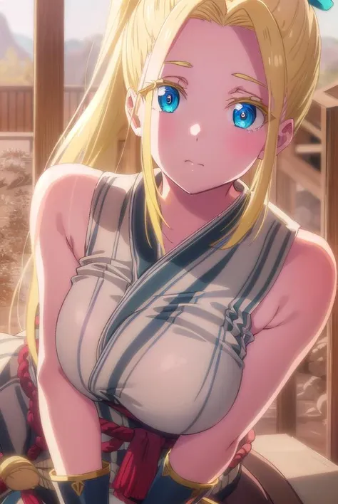 1 girl, godness, long blonde hair, naked, white robe, temple, waterfalls, statue, close up