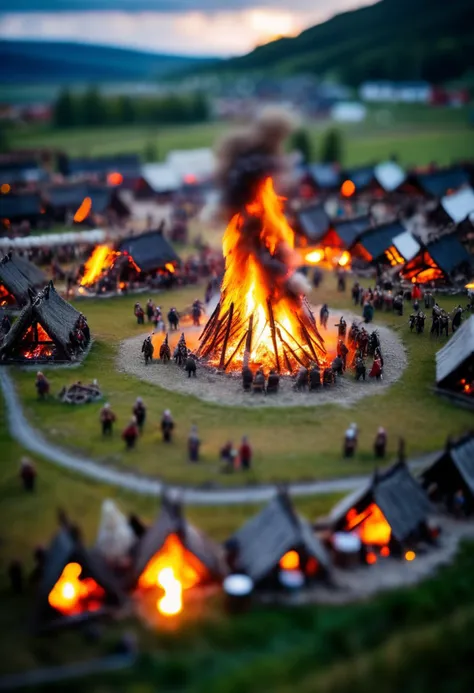tilt-shift, a vikings village with a massive bonfire and a lighting bolt, evening time, <lora:EnvyTinyWorldsXL01:0.8>,