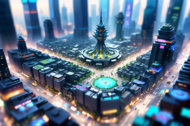 tilt-shift, digital painting, smithy in a pristine fantasy sprawling megacity beyond the end of the universe, masterpiece, by Lin Chen<lora:EnvyTinyWorldsXL01:1>