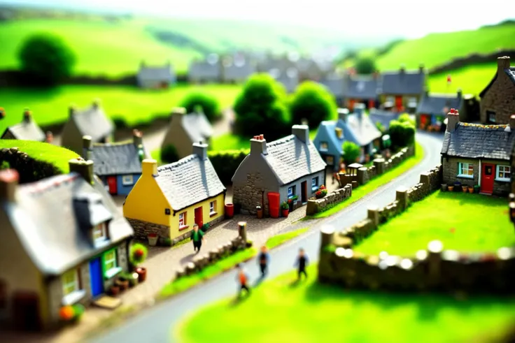 Irish village, cozy, landscape, <lora:d\EnvyTinyWorldsXL01:0.9> tilt-shift