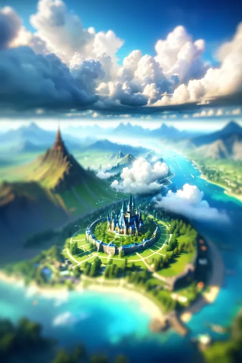 tilt-shift, digital painting, morning, blue sky, clouds, scenery, in a Wild Magic Stormlands<lora:EnvyTinyWorldsXL01:1>
