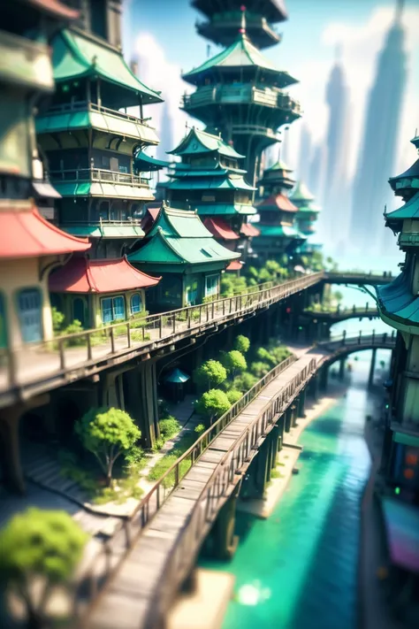 tilt-shift, digital painting, fantasyboardwalk in a abandoned scifi topia at the beginning of time, masterpiece<lora:EnvyTinyWorldsXL01:1>