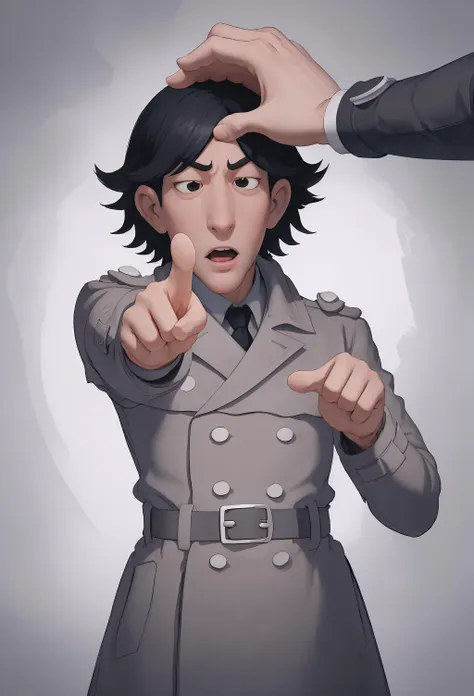 masterpiece, best quality, IncrsHeadpatPOV, headpat, pov, <lora:HeadpatPOVV2:1>, inspgadget, black eyes, black hair, belt, trench coat, buttons, <lora:Char_Sigmas_InspectorGadget:0.9>, 1boy, pointing, pointing at viewer,