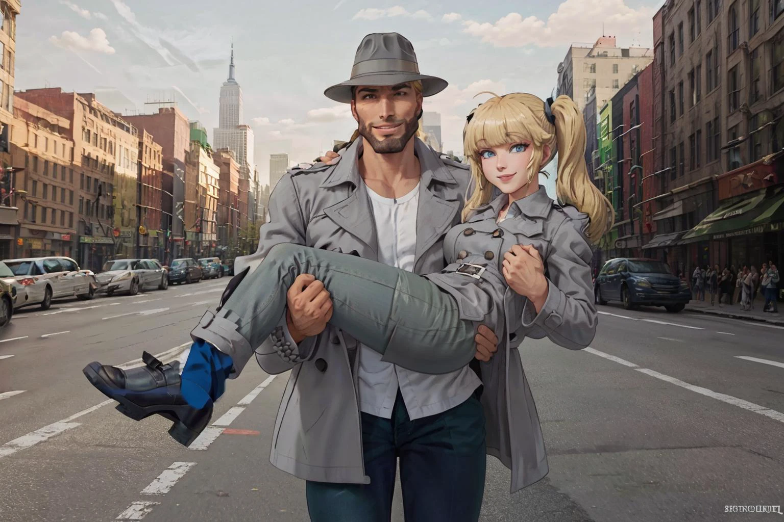 <lora:Gigachadv1:1> gigachad (wearing gray trenchcoat white shirt and gray trilby) carrying penny on his shoulders, penny (smiling, blonde hair, twintails, blunt bangs, blue eyes) wearing red shirt and green pants being carried by gigachad, penny has her arms spread out, new york city, <lora:InspectorGadget:0.6>, 1girl, 1boy, <lora:penny:0.8>