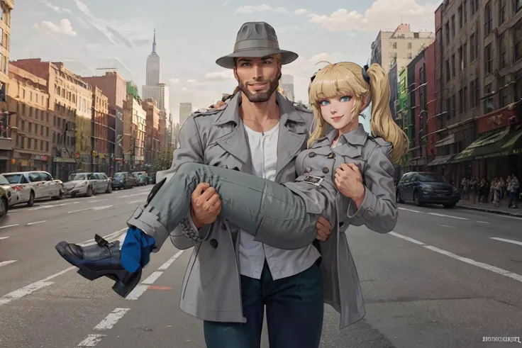 <lora:Gigachadv1:1> gigachad (wearing gray trenchcoat white shirt and gray trilby) carrying penny on his shoulders, penny  (smiling, blonde hair, twintails, blunt bangs, blue eyes) wearing red shirt and green pants being carried by gigachad, penny has her arms spread out, new york city, <lora:InspectorGadget:0.6>, 1girl, 1boy, <lora:penny:0.8>