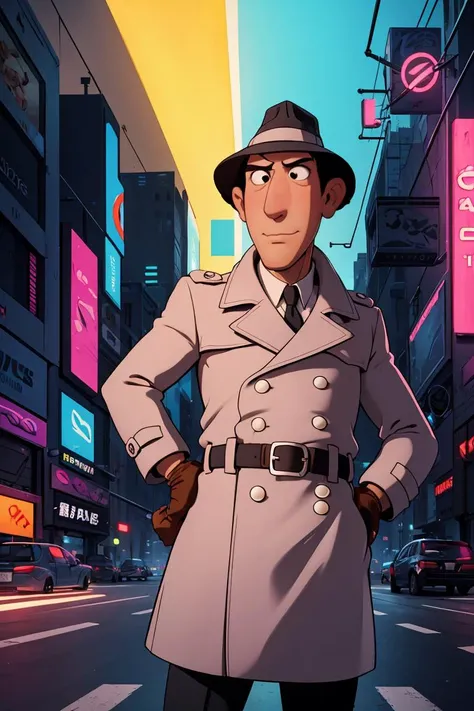 masterpiece,best quality,1boy,inspgadget,black eyes,black hair,hat,belt,trench coat,brown gloves,thumb up,cyberpunk,neon light,night,cyberpunk city background ,<lora:InspectorGadget:0.8>,