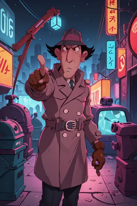 masterpiece,best quality,1boy,inspgadget,black eyes,black hair,hat,belt,trench coat,brown gloves,pointing at viewer,cyberpunk,solo,neon light,night,cyberpunk city background,<lora:InspectorGadget:1>,