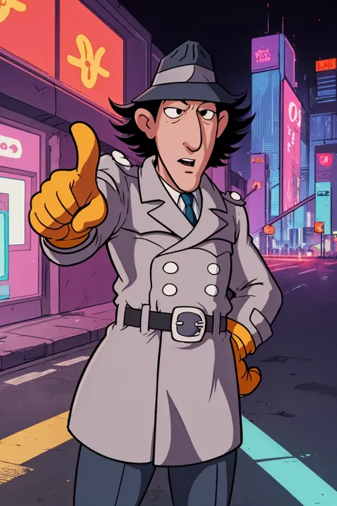 masterpiece, best quality, 1boy, inspgadget, black eyes, black hair, hat, belt, trench coat, brown gloves, pointing at viewer, cyberpunk, solo, neon light, night, cyberpunk city background <lora:InspectorGadget:1>