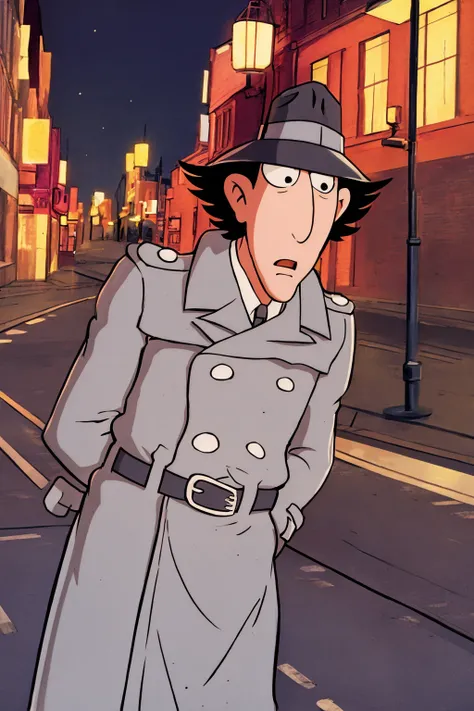 masterpiece, best quality, 1boy, inspgadget, black eyes, black hair, hat, belt, trench coat, searching, night, old street background <lora:InspectorGadget:1>