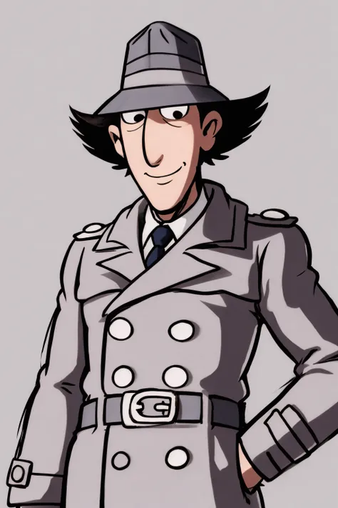 masterpiece, best quality, 1boy, inspgadget, black eyes, black hair, hat,  trench coat, upperbody, sketch, solo, smile,  white background <lora:InspectorGadget:1>