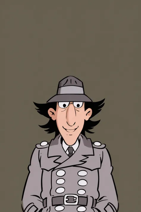 masterpiece, best quality, 1boy, inspgadget, black eyes, black hair, hat, trench coat, upperbody, sketch, solo, smile, white background <lora:InspectorGadget:1>
