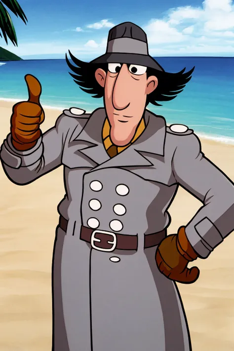 masterpiece, best quality, 1boy, inspgadget, black eyes, black hair, hat, belt, trench coat, brown gloves, thumbs up, sea, sand, tropical island background <lora:InspectorGadget:1>