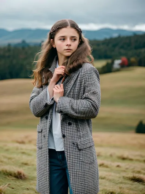 photo of Thomasin McKenzie, standing in New Zealand hills, (((hair blowing in wind:1.1))), 8k uhd, dslr, low harsh lighting, high quality, film grain, Fujifilm XT3,