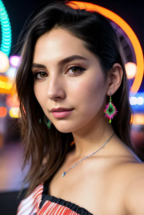 ((Selfie:1.1)), (raw:1.1) photo of (Sydn33G00dm4n01:0.99), a woman as a model, modelshoot style, (extremely detailed CG unity 8k wallpaper), photo of the most beautiful artwork in the world, professional majestic oil painting by Ed Blinkey, Atey Ghailan, Studio Ghibli, by Jeremy Mann, Greg Manchess, Antonio Moro, trending on ArtStation, trending on CGSociety, Intricate, High Detail, Sharp focus, dramatic, photorealistic painting art by midjourney and greg rutkowski, (at night:1.2), (dimly lit), (neon lights:1.2), (carnival:1.1), (makeup:1.1), ((ferris wheel in background)), ((summer dress:1.2)), (looking at viewer:1.3), (detailed pupils:1.3), (modern outfit:1.2), (closeup), (earrings), <lora:LowRa_2:0.3>