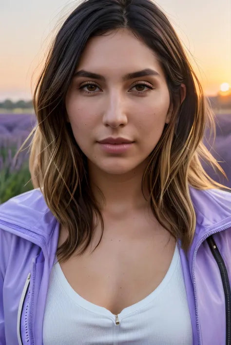 best quality raw photo of (Sydn33G00dm4n01:0.99), looking away, (summer jacket:1.2), photo shot on Nikon D850, 16k, sharp focus, masterpiece, Hyper Detailed, breathtaking, atmospheric perspective, diffusion, pore correlation, skin imperfections, DSLR, 80mm Sigma f2, depth of field, film grain, outdoor in a (lavender field:1.2), sunset lighting, (golden hour:1.2), (detailed face:1.1), skin pores, 8k, skin texture, dslr, Sydn33G00dm4n01