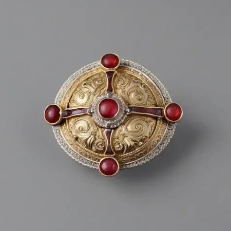ornate gold and silver brooch with red stones and anima (boar:1.5) motif <lora:XL_Anglo-Saxon_Brooches_XL:1.2>
