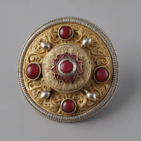 ornate gold and silver brooch with red stones and (boar:1.5) motif <lora:XL_Anglo-Saxon_Brooches_XL:1.2>