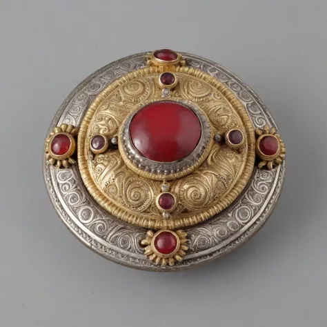 ornate gold and silver brooch with red stones and (boar:1.5) motif <lora:XL_Anglo-Saxon_Brooches_XL:1.2>