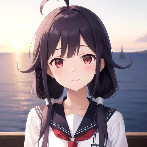 ((masterpiece)),(best quality),official art,extremely detailed CG,unity 8k wallpaper,ultra detailed,A lighthouse on a cliff by the sea,1girl,solo,upper body,(portrait:1.2),ahoge,purple_hair,school_uniform,red_eyes,serafuku,smile,black_pantyhose,twintails,low_twintails,hair_flaps,magatama,long_hair,pleated_skirt,looking_at_viewer,sandals,<lora:Taigei(kan)>,