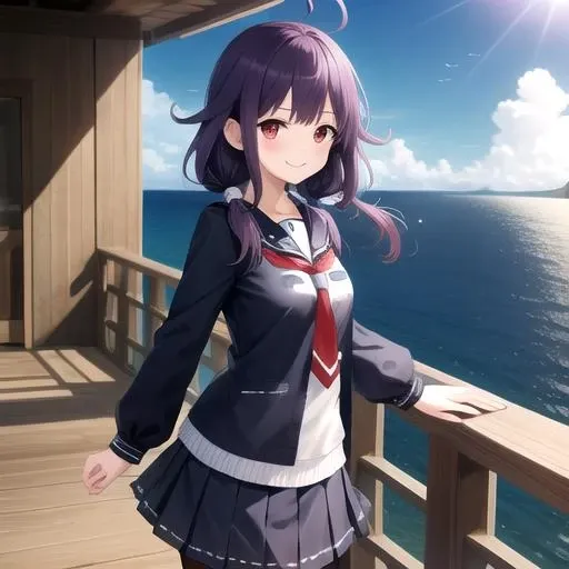 ((masterpiece)),(best quality),official art,extremely detailed CG,unity 8k wallpaper,ultra detailed,A lighthouse on a cliff by the sea,1girl,solo,cowboy shot,ahoge,purple_hair,school_uniform,red_eyes,serafuku,smile,black_pantyhose,twintails,low_twintails,hair_flaps,magatama,long_hair,pleated_skirt,looking_at_viewer,sandals,<lora:Taigei(kan)>,