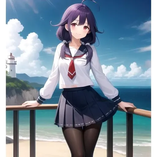 ((masterpiece)),(best quality),official art,extremely detailed CG,unity 8k wallpaper,ultra detailed,A lighthouse on a cliff by the sea,1girl,solo,cowboy shot,ahoge,purple_hair,school_uniform,red_eyes,serafuku,smile,black_pantyhose,twintails,low_twintails,hair_flaps,magatama,long_hair,pleated_skirt,looking_at_viewer,sandals,<lora:Taigei(kan)>,