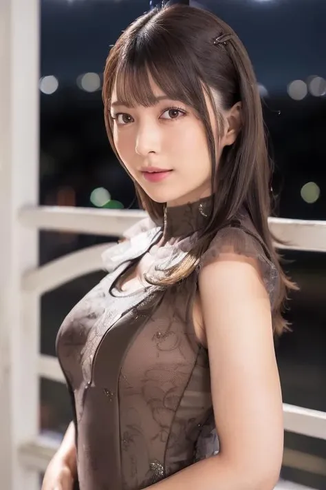 1girl, (wearing an evening dress:1.8),(RAW photo, best quality), (realistic, photo-realistic:1.4), masterpiece, an extremely delicate and beautiful, extremely detailed, 2k wallpaper, Amazing, finely detail, extremely detailed CG unity 8k wallpaper, ultra-detailed, highres, soft light, beautiful detailed girl, extremely detailed eyes and face, beautiful detailed nose, beautiful detailed eyes,cinematic lighting,(in the city at night:2.0),(night city view:1.6),perfect anatomy,(slender body:2.0),(laughing:1.4),(close up:2.0),(open eyes:1.8),(look at viewer),(front view:1.0),(japanese young girl:1.2),cinematic angle,(wavy long hair), (brown eyes:1.8),(standing:2.0), (cleavage:1.2), <lora:tsukishirorina_lora-02:0.8>