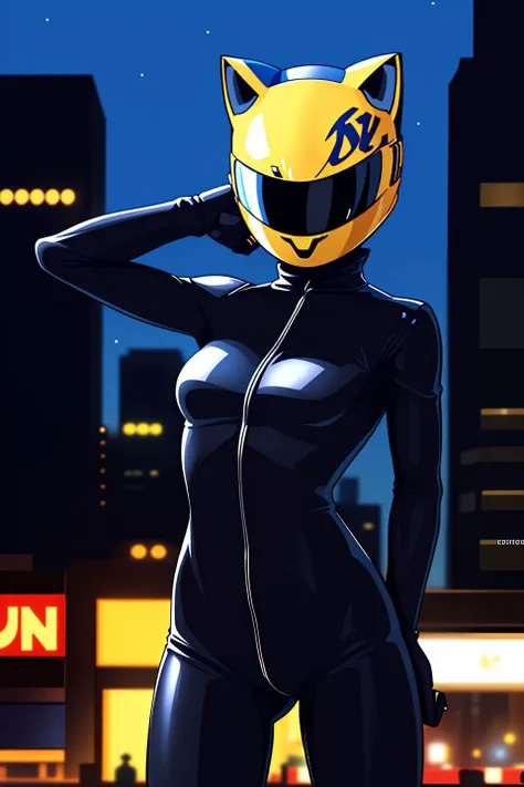 1girl,solo,breasts,medium breasts,celty sturluson,animal ears,cat ears,bodysuit,helmet,ground vehicle,skin tight,black bodysuit,(motorcycle helmet:1.3),outdoors,city,cityscape,night,night sky,(arm behind head:1.3),standing,(cowboy shot:1.4),<lora:celty sturluson s1-lora-nochekaiser:0.9>,