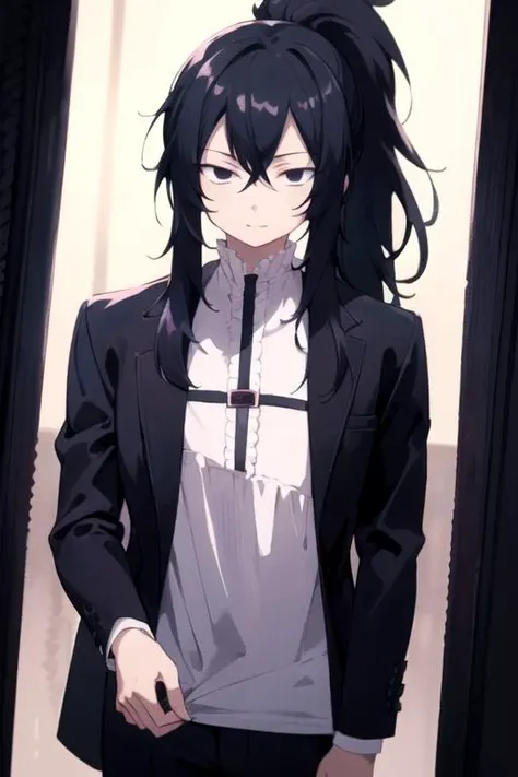 masterpiece, best quality, sketch, 1boy, solo, male focus, looking at viewer, , depth of field, (watercolor illustration, soft pastel colors:1.1), , <lora:mard_geer_fairy_tail:0.72>, mard_geer_fairy_tail, black hair, black eyes, ponytail, , , ,