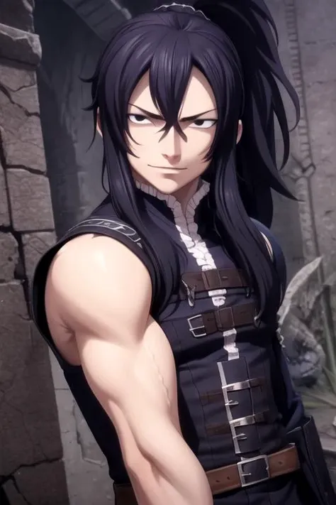 masterpiece, best quality, game cg, 1boy, solo, male focus, looking at viewer, upper body, , , realistic, <lora:mard_geer_fairy_tail:0.68>, mard_geer_fairy_tail, black hair, black eyes, ponytail, cop costume, Mordor: A dark and evil land ruled by the dark lord Sauron,