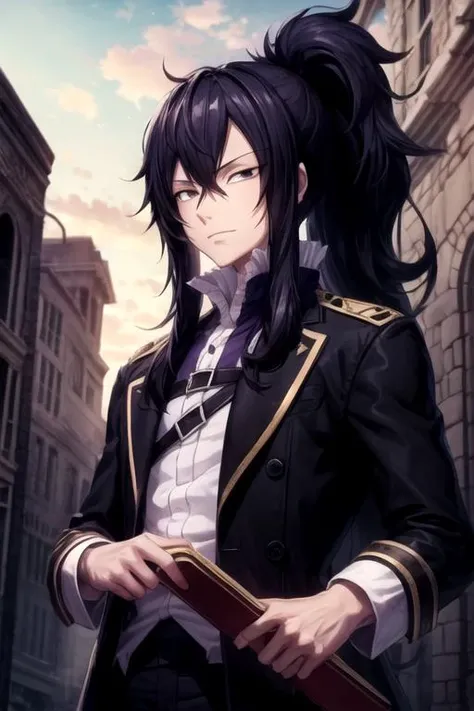 masterpiece, best quality, , 1boy, solo, male focus, looking at viewer, upper body, , , , <lora:mard_geer_fairy_tail:0.72>, mard_geer_fairy_tail, black hair, black eyes, ponytail, pea coat, , , High resolution