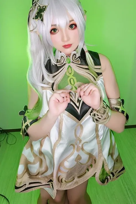 full body, (photo realistic:1.35),(ulzzang-6500:0.65), masterpiece, best quality, detailed, pointy_ears, elf, green_background, 1girl, solo, hair_ornament, green_eyes, long_hair,bandages,