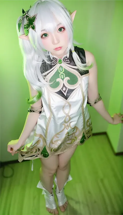 full body, (photo realistic:1.35),(ulzzang-6500:0.65), masterpiece, best quality, detailed, pointy_ears, elf, green_background, 1girl, solo, hair_ornament, green_eyes, long_hair,bandages,