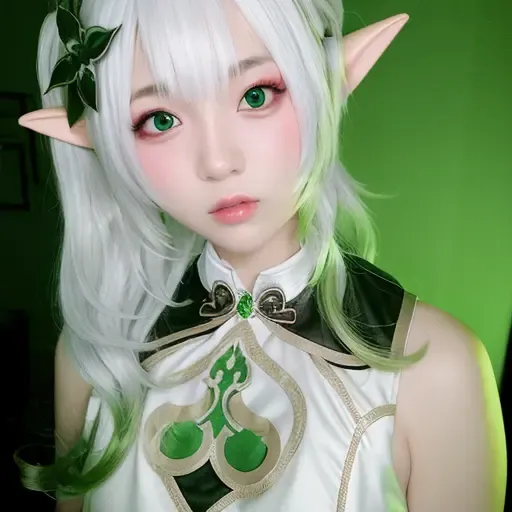 (photo realistic:1.35),(ulzzang-6500:0.65), masterpiece, best quality, detailed, pointy_ears, elf, 1girl, green_background, solo, hair_ornament, long_pointy_ears, green_eyes, long_hair, dress, realistic