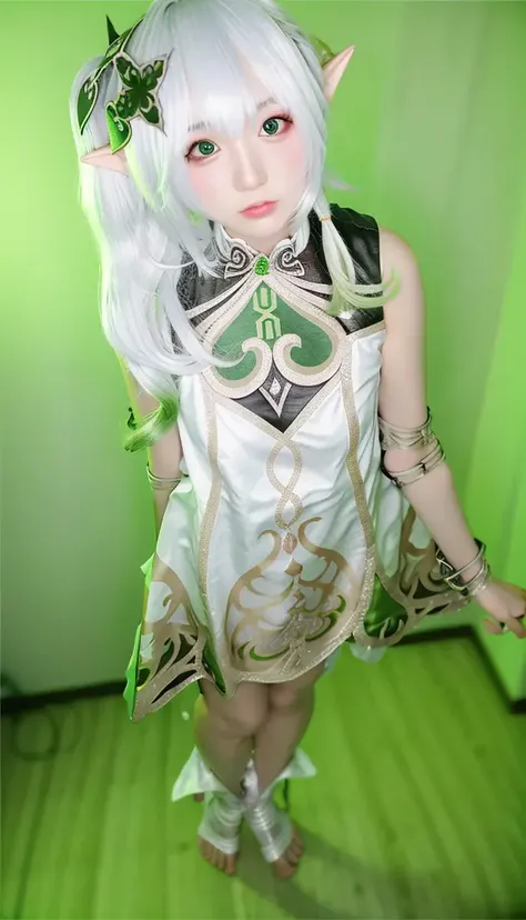 full body, (photo realistic:1.35),(ulzzang-6500:0.65), masterpiece, best quality, detailed, pointy_ears, elf, green_background, 1girl, solo, hair_ornament, green_eyes, long_hair,bandages,