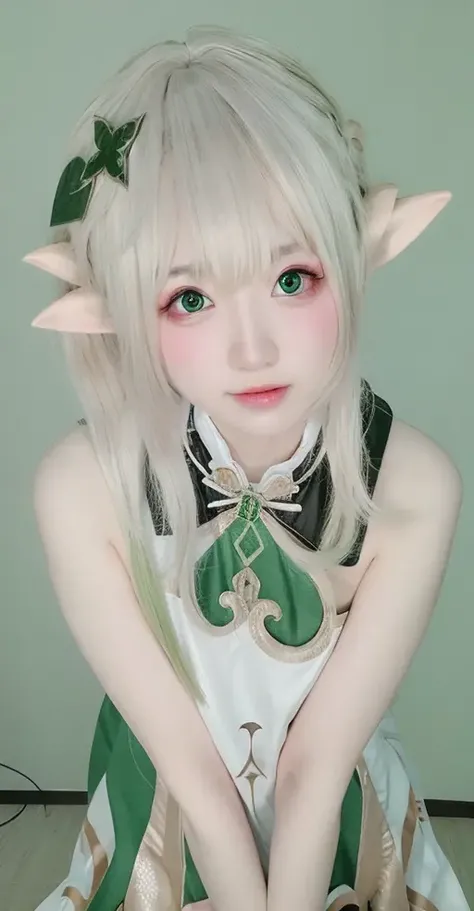 (photo realistic:1.35),(ulzzang-6500:0.65), masterpiece, best quality, detailed, pointy_ears, elf, 1girl, green_background, solo, hair_ornament, long_pointy_ears, green_eyes, long_hair, dress, realistic