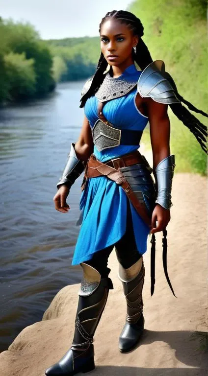 gorgeous black woman,
long braided hair, 
large blue eyes, beautiful eyes,
beautiful face, chiseled jaw,
dark skin, muscular body, whole body visible, full body,
walking next to a river,
masterpiece, very detailed, high quality, realistic, 
 <lora:992cae497dabc3f915a6e1449fa1d2e1:1> cuirass, pauldrons, sabatons, gauntlets,