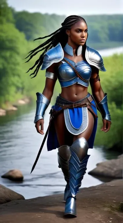 gorgeous black woman,
long braided hair,
large blue eyes, beautiful eyes,
beautiful face, chiseled jaw,
dark skin, muscular body, whole body visible, full body,
walking next to a river,
masterpiece, very detailed, high quality, realistic,
<lora:992cae497dabc3f915a6e1449fa1d2e1:1> cuirass, pauldrons, sabatons, gauntlets,