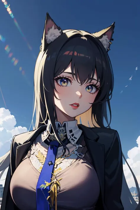 (1girl), (solo), [big breasts: medium breasts: 0.66], very long hair, white and blue and white and yellow hair, catgirl | catwoman, cat ears, animal ear fluf, cat tail, milf, mature female, long eyelashes, red lips, defined eyebrow
blue sky, (volumetric:1.2) clouds
(tie:2.0)
(ecchi:1.5), (anime:1.1), wide shot, absurdres, high resolution, (masterpiece), highest quality, high quality, higly detailed, volumetric rays, dof, bokeh, light particles, perfect anatomy, perfect face, perfect eyes, intricate details
 <lora:GoodHands-beta2:1> flat colors <lora:HugeASS:0.8> <lora:Omertosa:1> HEAD, OMERTOSA,