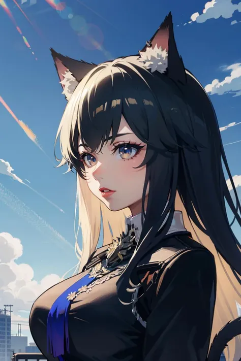 (1girl), (solo), [big breasts: medium breasts: 0.66], very long hair, white and blue and white and yellow hair, catgirl | catwoman, cat ears, animal ear fluf, cat tail, milf, mature female, long eyelashes, red lips, defined eyebrow
blue sky, (volumetric:1.2) clouds
(ecchi:1.5), (anime:1.1), wide shot, absurdres, high resolution, (masterpiece), highest quality, high quality, higly detailed, volumetric rays, dof, bokeh, light particles, perfect anatomy, perfect face, perfect eyes, intricate details
 <lora:GoodHands-beta2:1> flat colors <lora:HugeASS:0.8> <lora:Omertosa:1> HEAD, OMERTOSA,