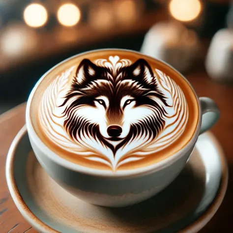 cinematic photo a cappuccino drwaing of a wolf <lora:Cappuccino_Style:1>, 35mm photograph, film, bokeh, professional, 4k, highly detailed