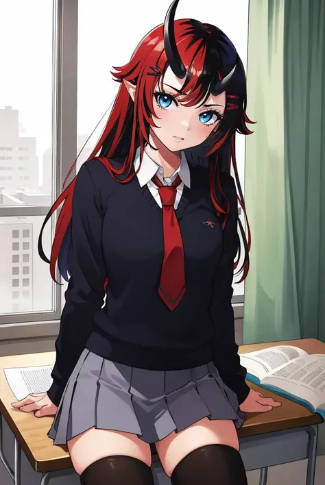 masterpiece, best quality, 1girl, <lora:RyugasakiReneV1-000080:1>, rene, school_uniform, thighhighs, skirt, necktie, hair_ornament, blue_eyes, demon_horns