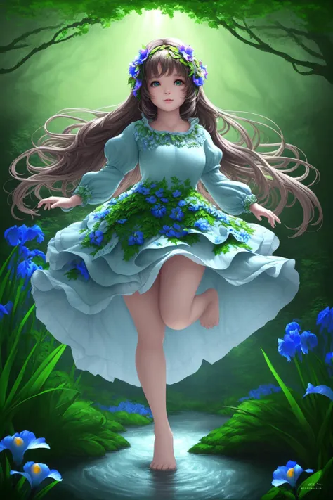 (Solo:1.2), (full body),ultra detailed, girl in a forest with floating flowers, river, puffy, puffy cheeks, cute, happy, highly detailed face, detailed eyes, detailed forest background with portions of visible blue sky, detailed background, detailed flowers, Leafs, detailed face, detailed eyes, detailed iris, proper hands,
vibrant colors, colorful art style, 
soft lighting, soft shadows, detailed textures, dynamic lighting,